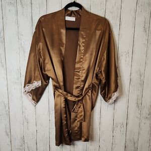 🥳Vintage Val Mode Lingerie Brown Satin Robe with Lace Trim Large